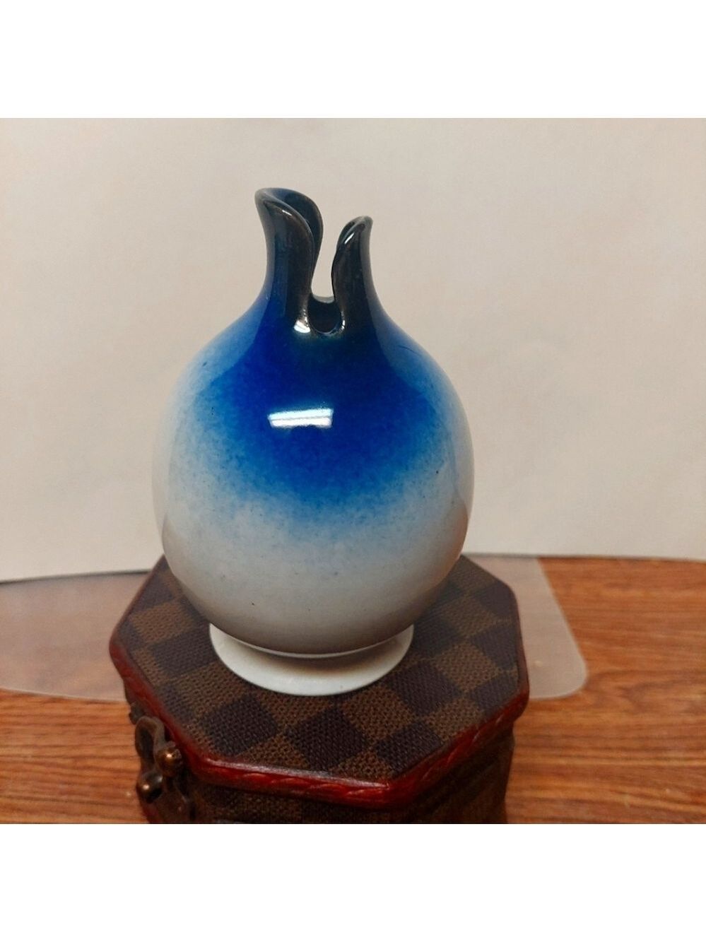 Vintage Small Blue-to-White Glazed Ceramic Balloon-shaped Art Pottery (Signed)